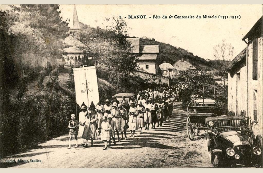 The 1931 Corpus Christi procession leaving the Church of Saint-Andoche and Saint-Thyrse in Blanot, France.