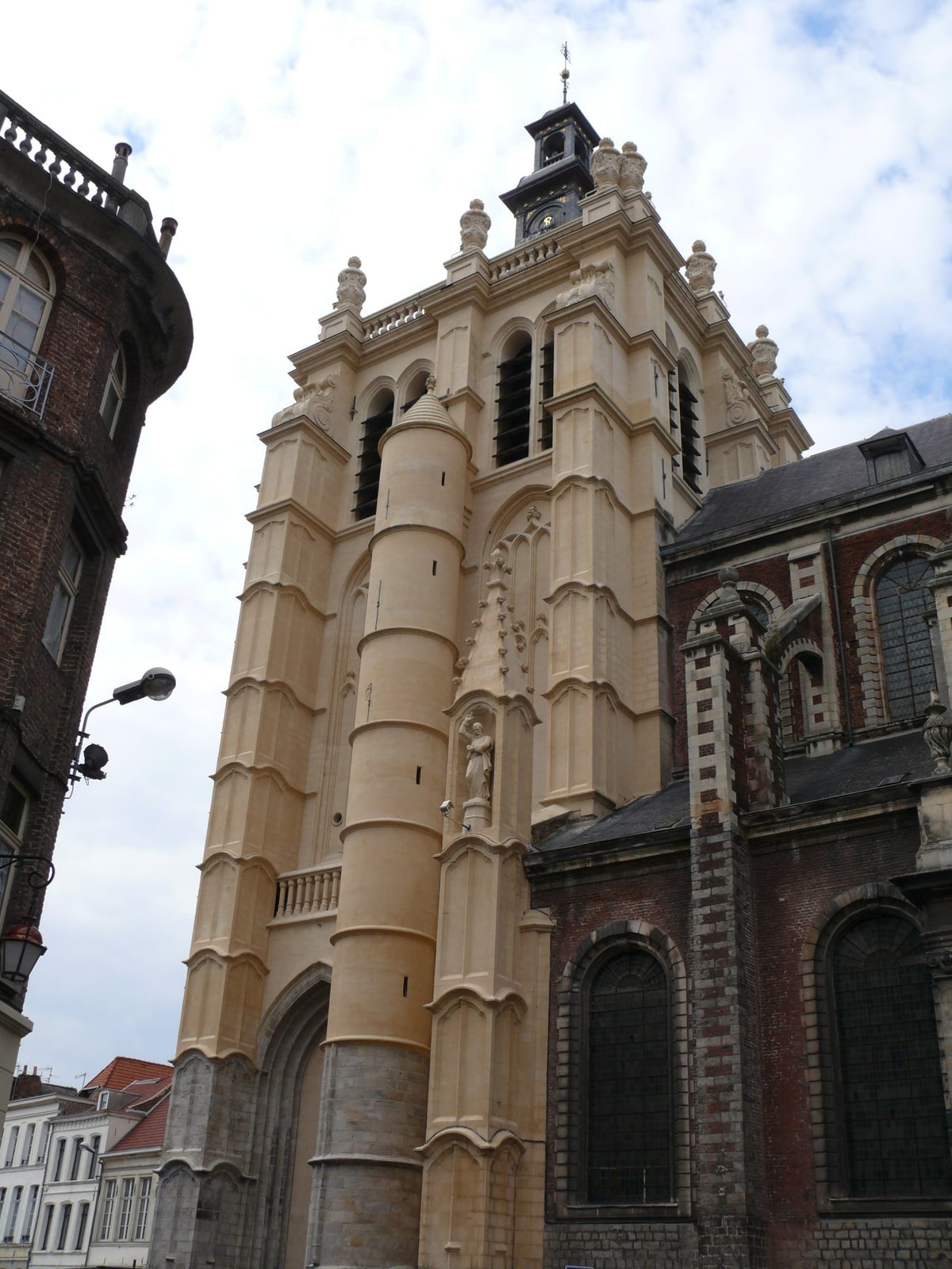 Exterior and bell tower of the Collégiale Saint-Pierre in Douai, France.