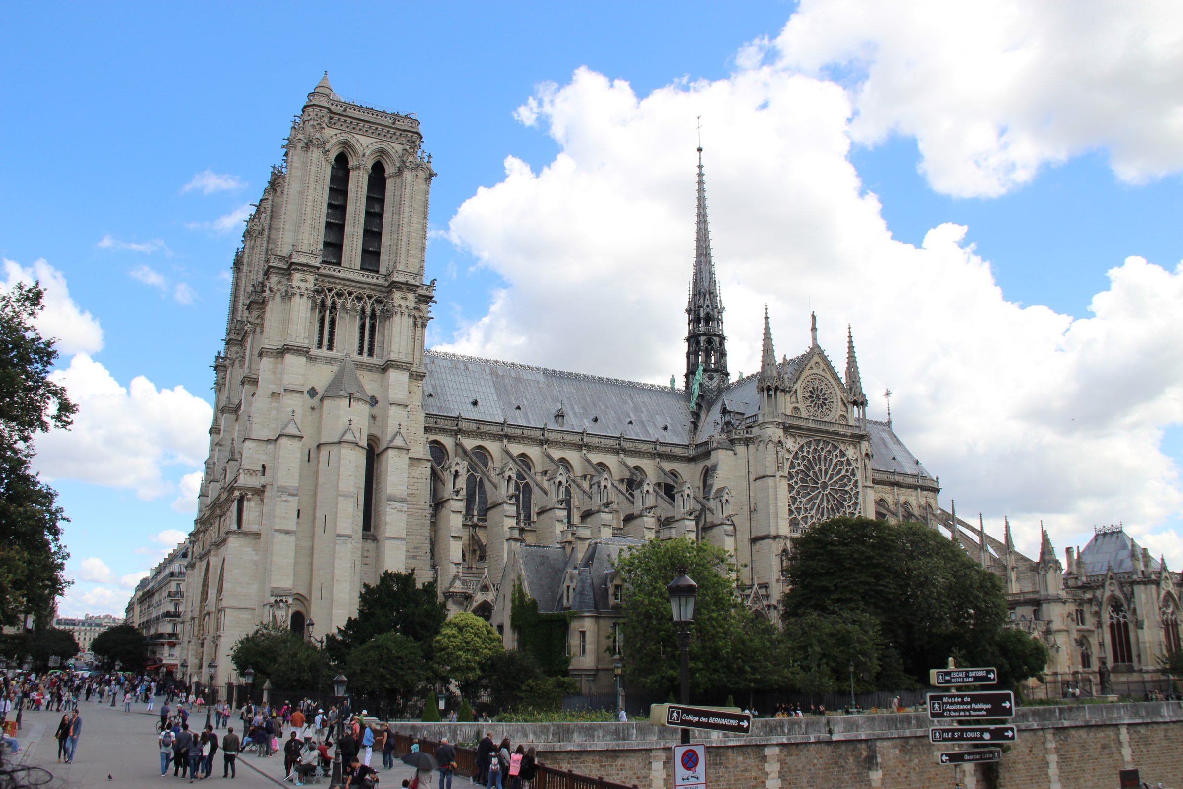 The restored exterior of Notre-Dame Cathedral in Paris, France.
