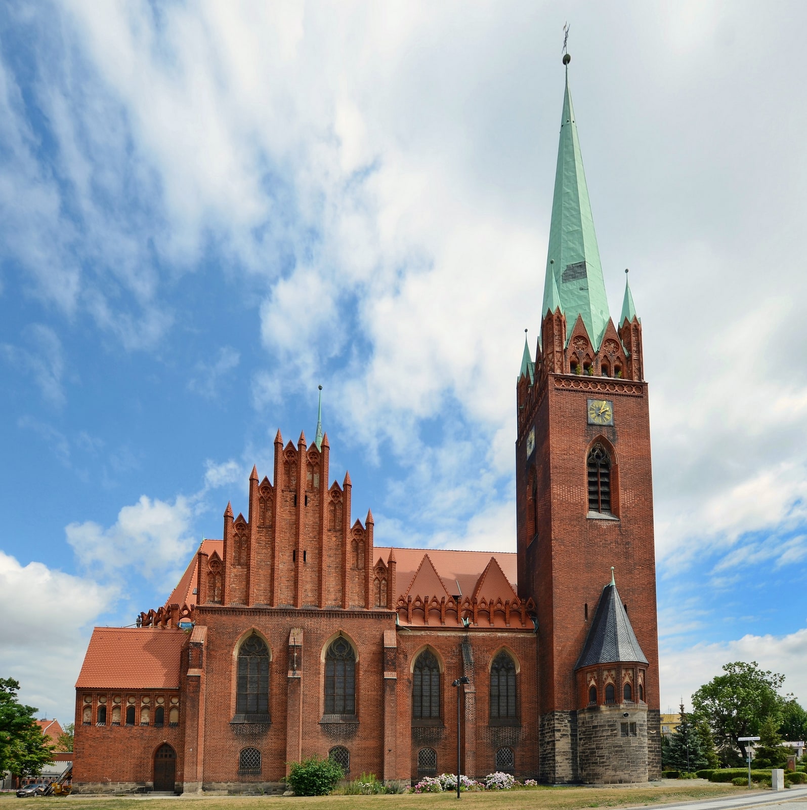 Exterior of the neo-Gothic Sanctuary of St. Hyacinth beside the Kaczawa River in Legnica, Poland.