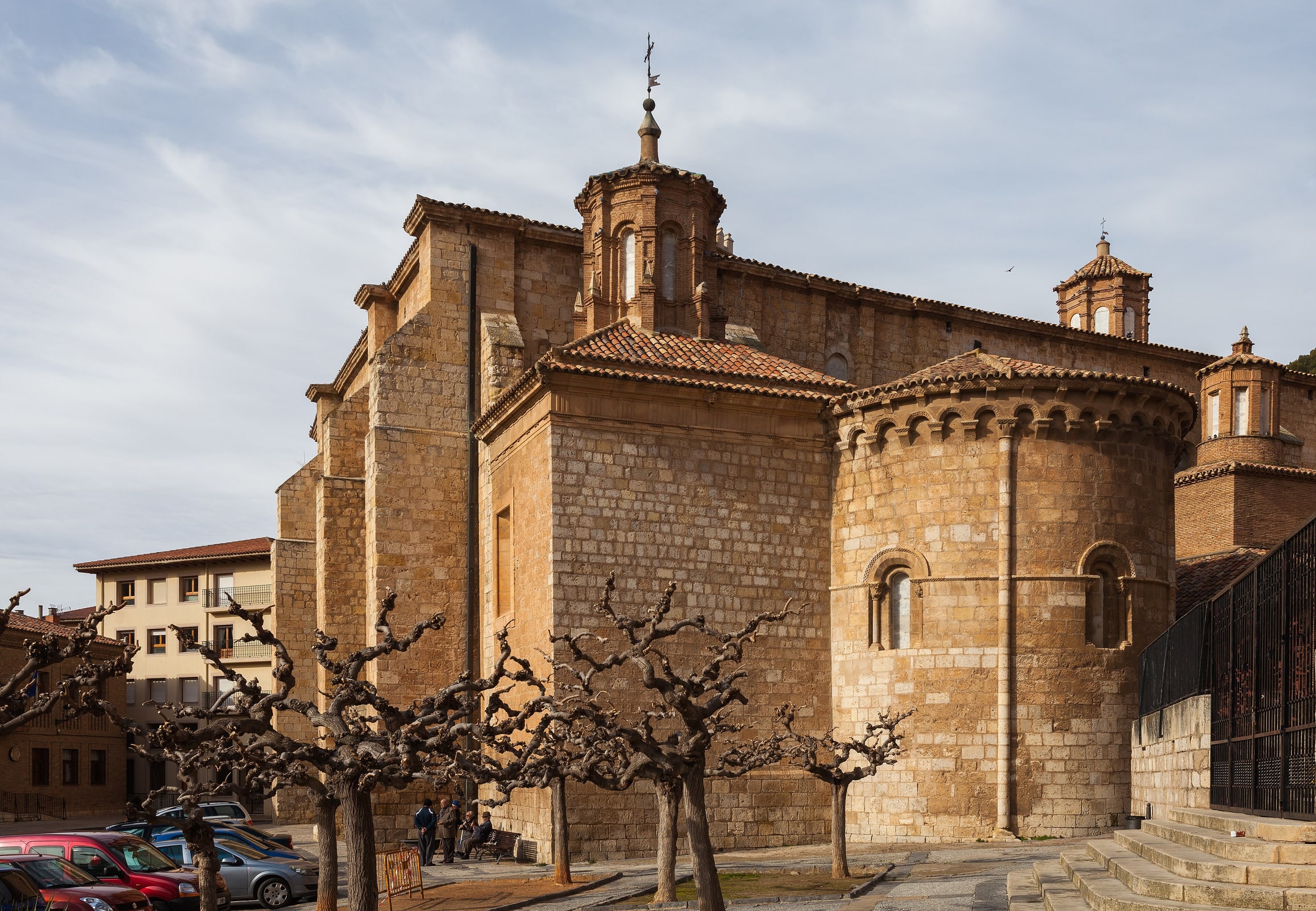 Stone exterior and tower of the Basilica of St. Mary of the Sacred Corporals in Daroca, Spain.
