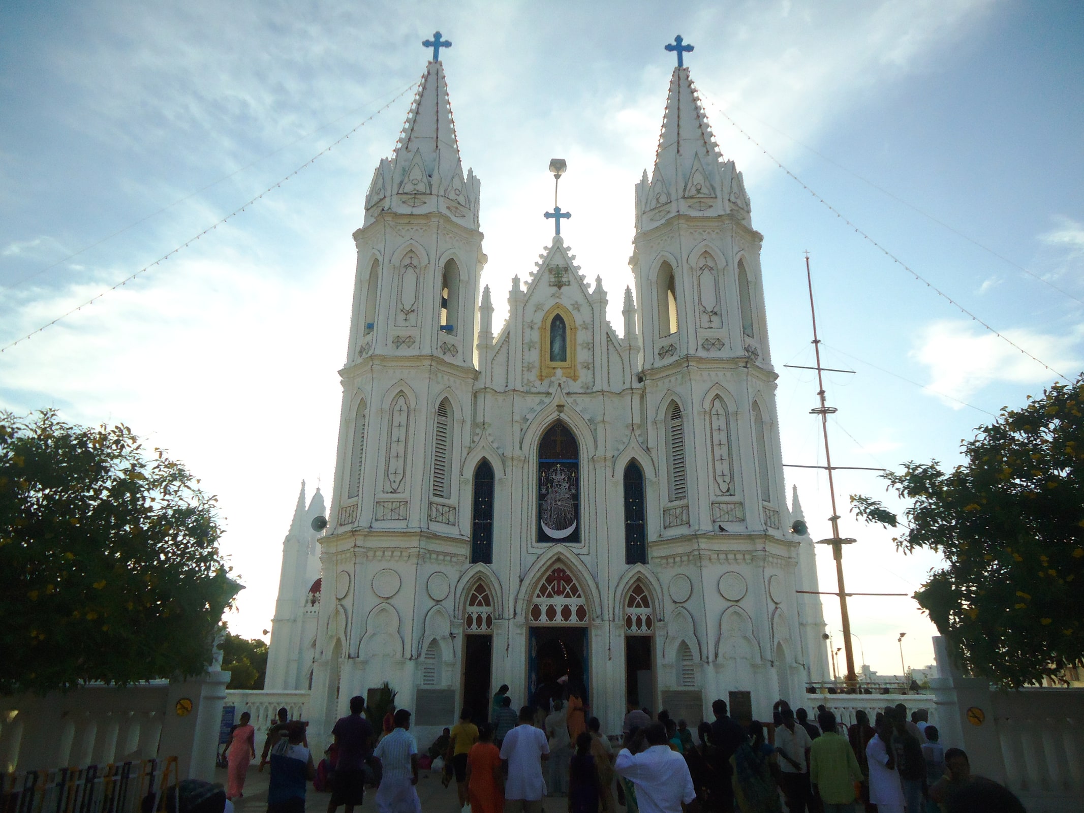 The white basilica and pilgrimage grounds of Our Lady of Good Health at Velankanni, India.
