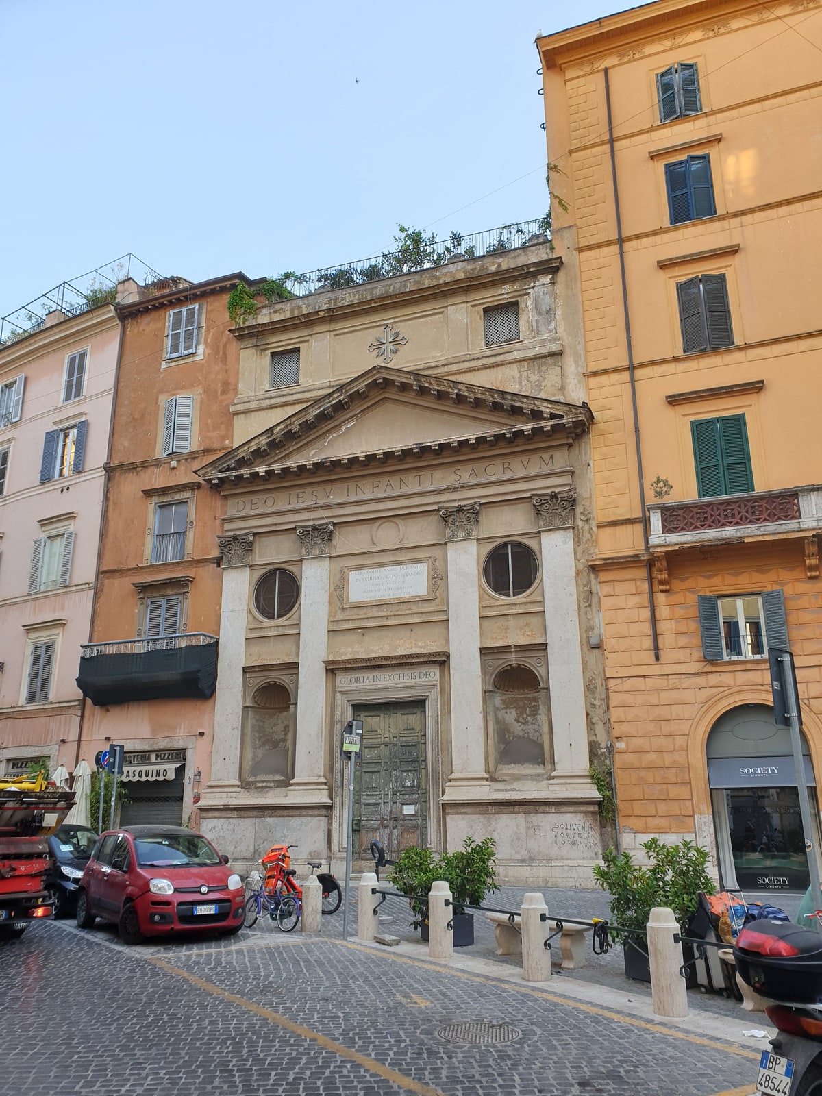The neo-Renaissance facade of the Church of the Nativity of Jesus on Piazza Pasquino in Rome.