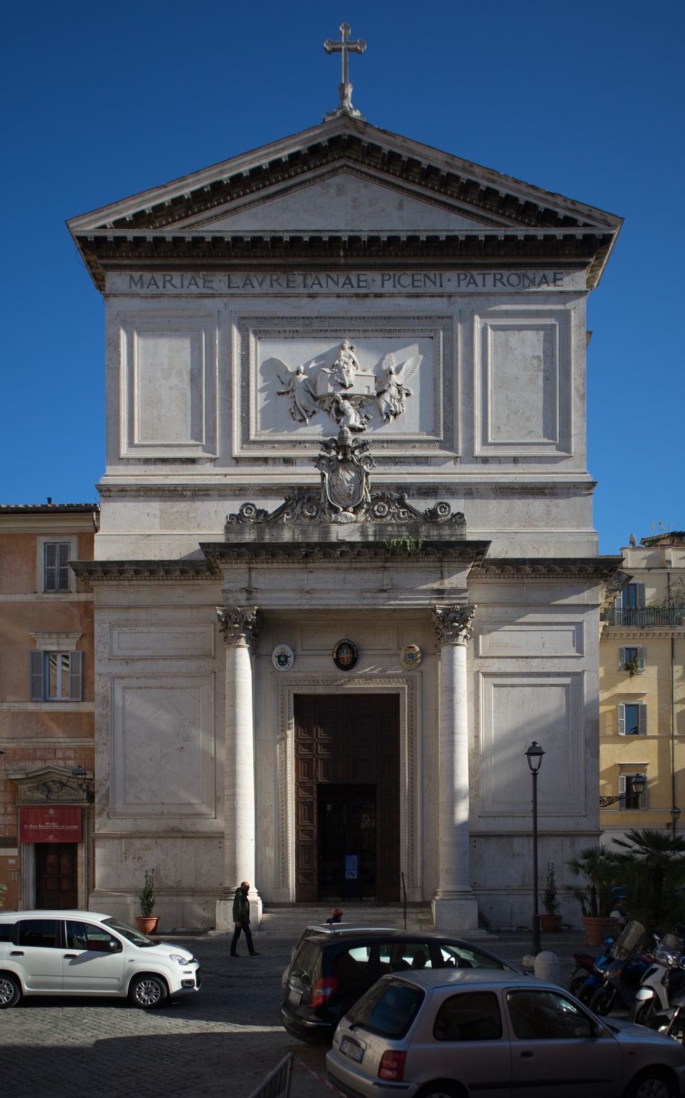 The travertine facade of the Sanctuary of San Salvatore in Lauro in central Rome.