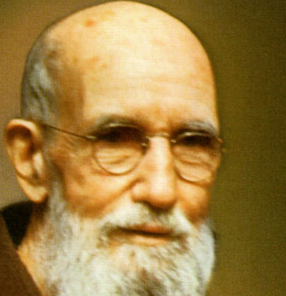 A black-and-white portrait of Blessed Solanus Casey in his Capuchin habit.