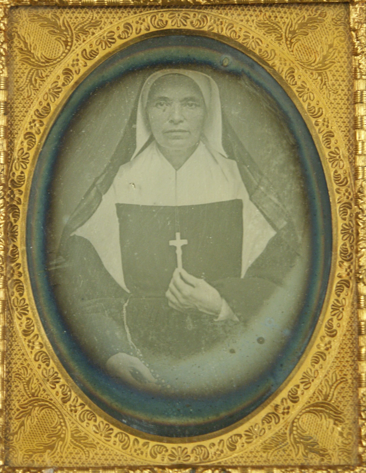 An 1855 daguerreotype portrait of Saint Mother Theodore Guerin in religious habit.