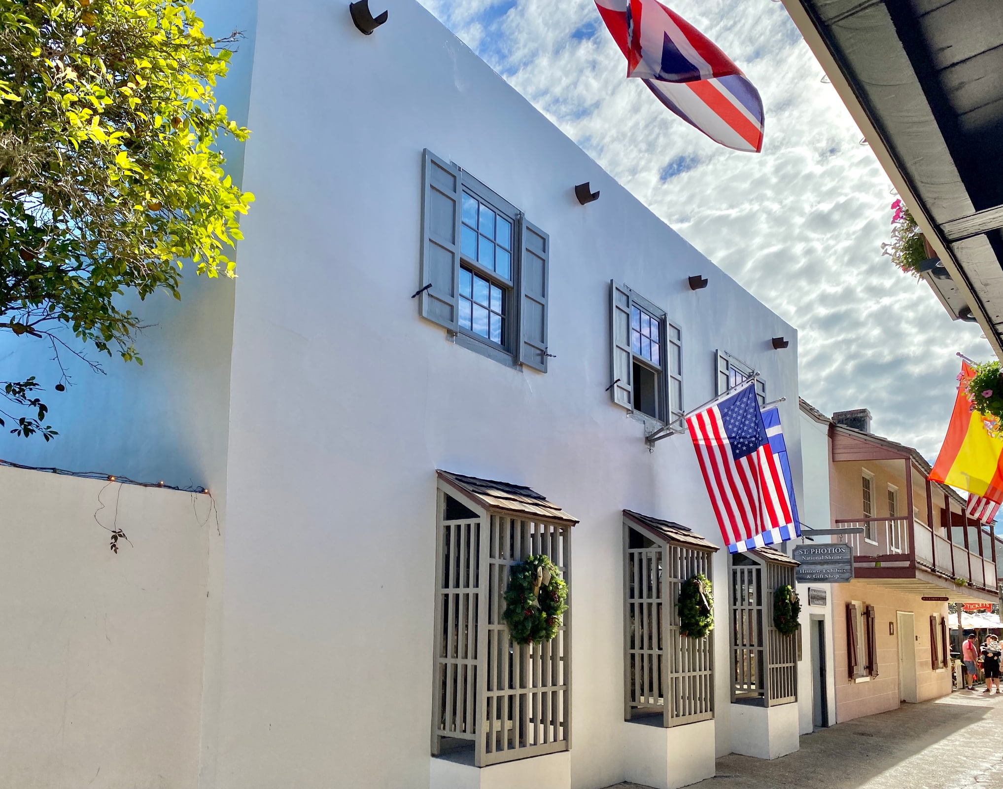 The coquina Avero House exterior of St. Photios Greek Orthodox National Shrine on St. George Street in St. Augustine, Florida.
