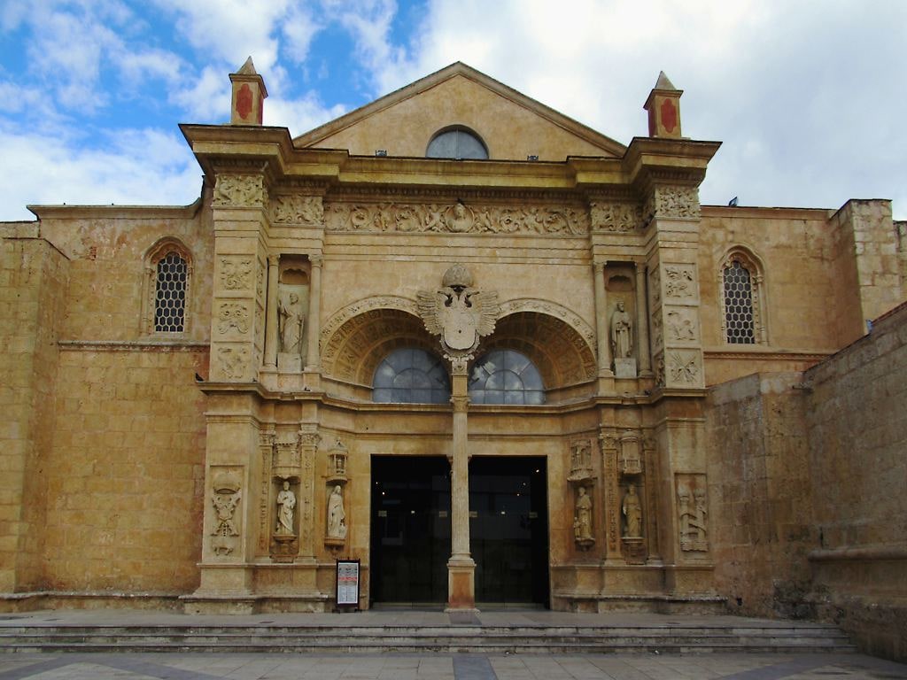 Coral-stone exterior of the Primatial Cathedral Basilica of the Americas in Santo Domingo.