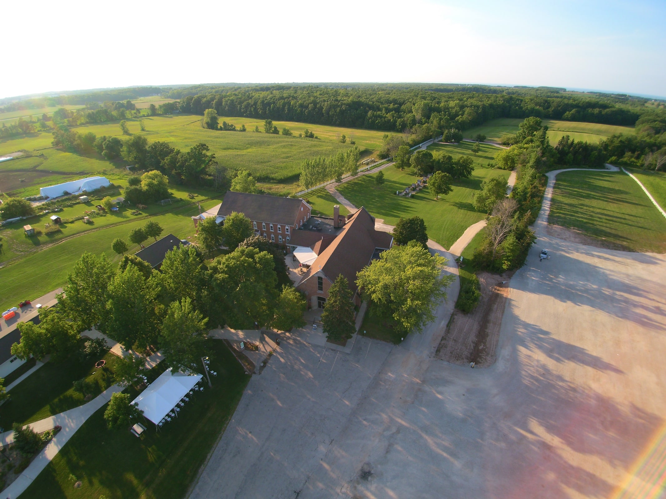 An aerial view of the National Shrine of Our Lady of Champion and its rural Wisconsin grounds.