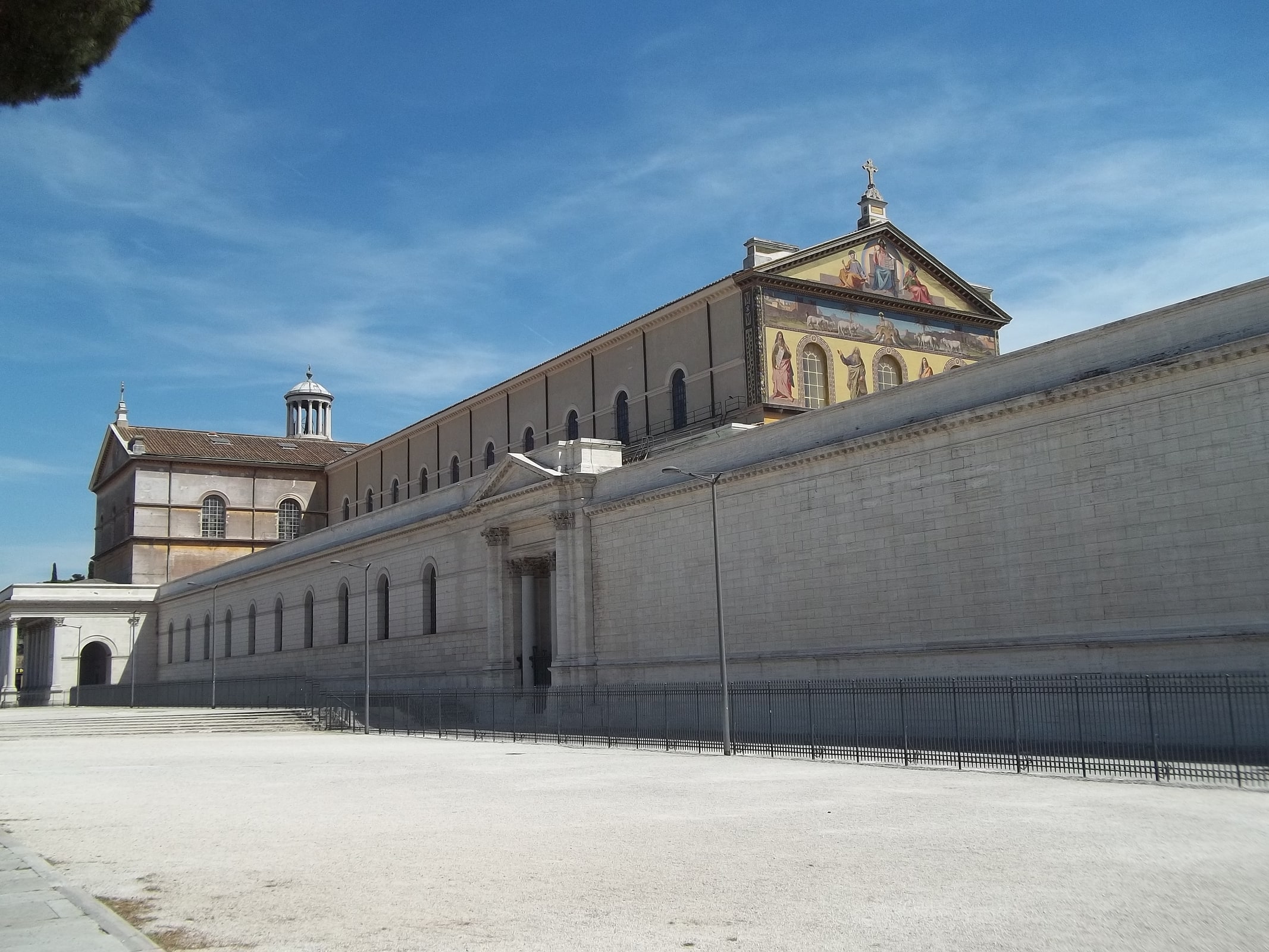The colonnaded exterior of the Basilica of St. Paul Outside the Walls in Rome.