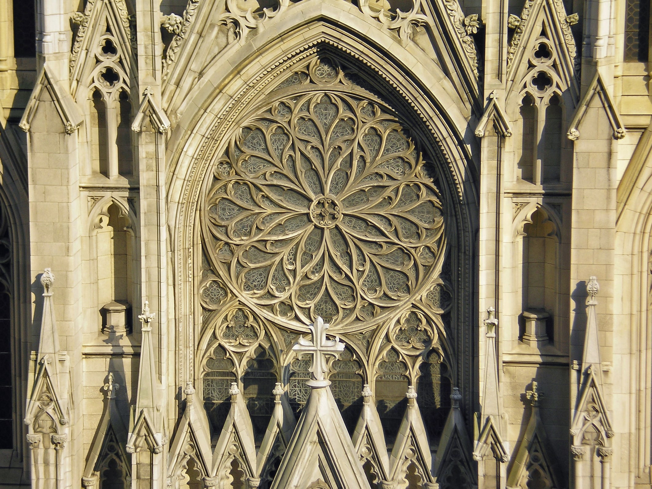 The facade and twin spires of St. Patrick's Cathedral in New York City.